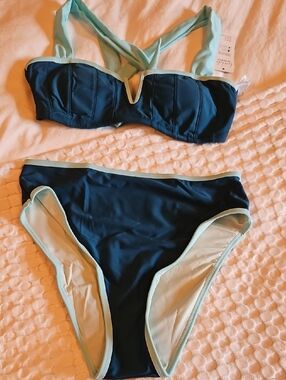 Women’s Dark Teal Two-Piece Bikini with Light Mint Trim Medium